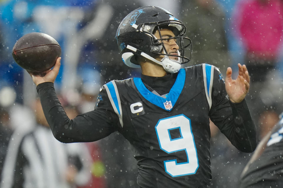 Carolina Panthers quarterback Bryce Young against the Atlanta Falcons during the first half of an NFL football game Sunday, Dec. 17, 2023, in Charlotte, N.C. (AP Photo/Rusty Jones)