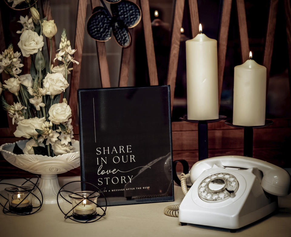 This photo shows an audio wedding guestbook offered for rent by FêteFone. The bridal market is crowded with companies renting or selling vintage phones for guests to record their well wishes. (Michael Radolinski via AP)
