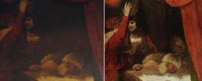 Before and after the National Trust restorers worked on the painting, uncovering the original fiend Reynolds included. / Credit: National Trust