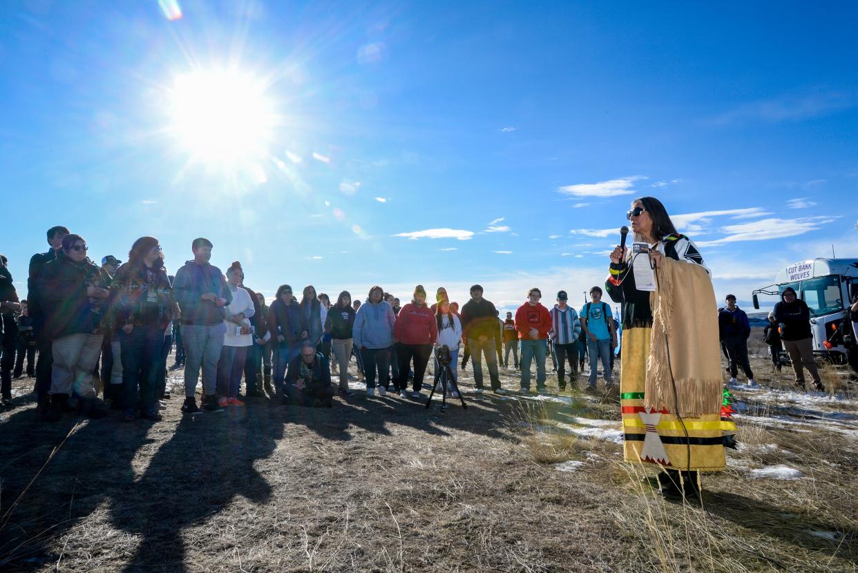 Carol Murray shares the story of the Baker Massacre during a memorial ceremony in 2020.