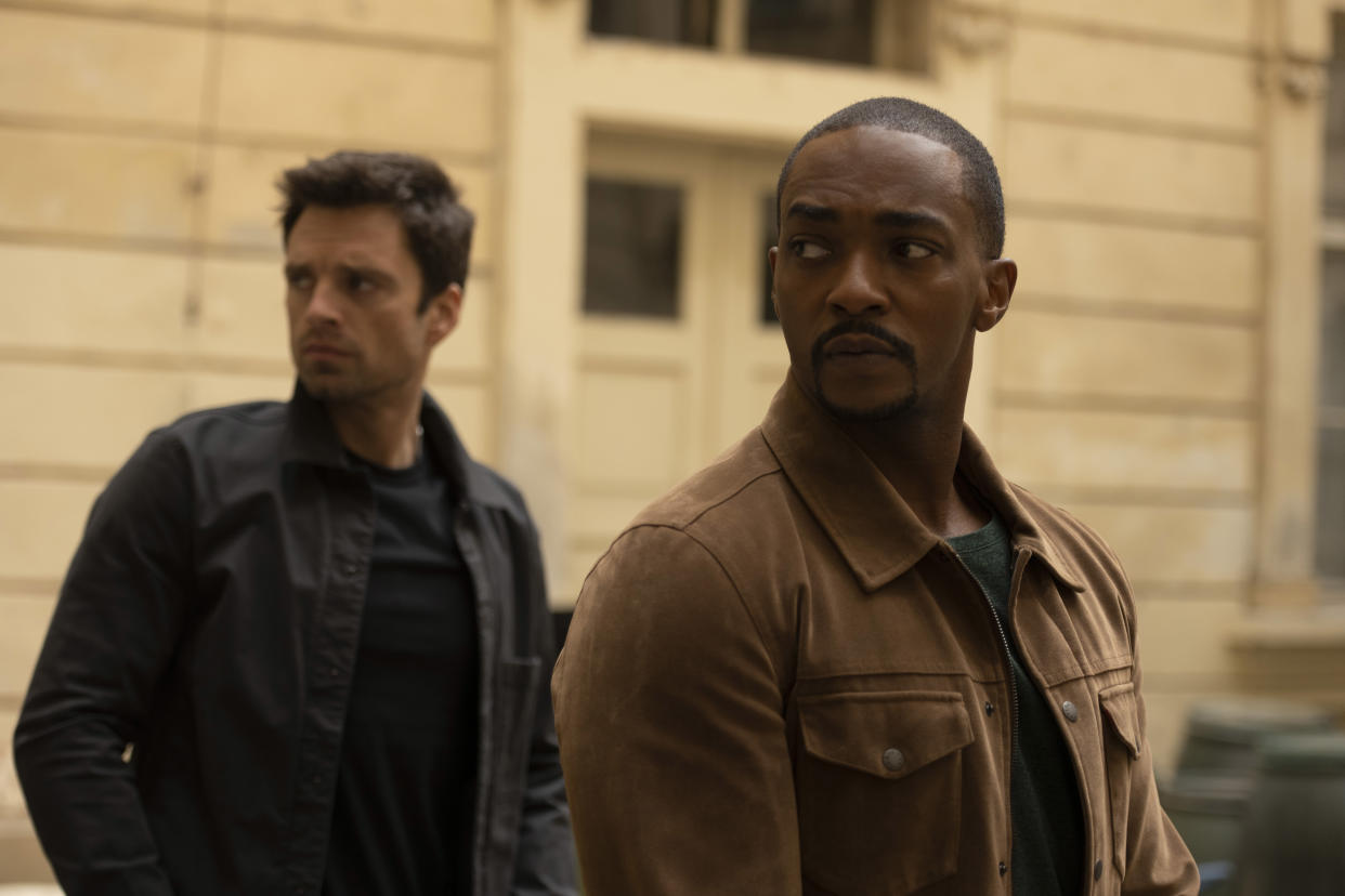 (L-R): Winter Soldier/Bucky Barnes (Sebastian Stan) and Falcon/Sam Wilson (Anthony Mackie) and in Marvel Studios' THE FALCON AND THE WINTER SOLDIER exclusively on Disney+. Photo by Julie VrabelovÃ¡. Â©Marvel Studios 2021. All Rights Reserved. 