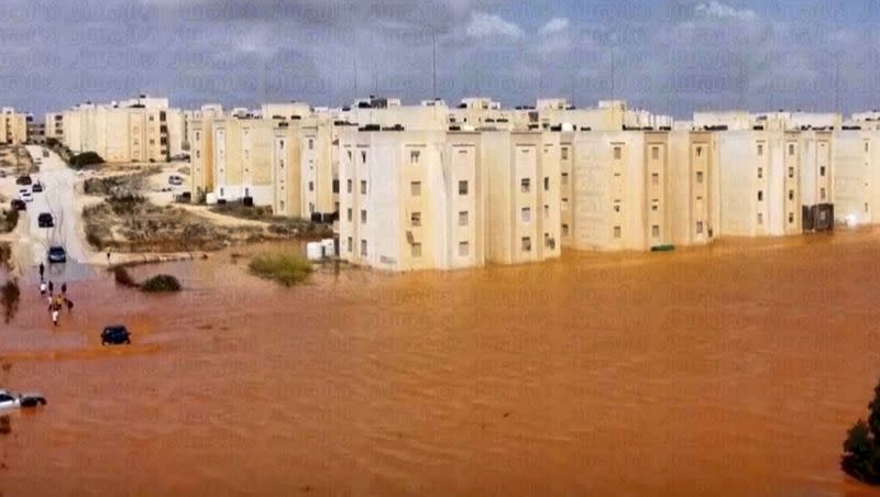 Streets are flooded after storm Daniel in Marj, Libya, Monday, Sept. 11, 2023. The head of one of Libya’s rival governments says that 2,000 people are feared dead in flooding that swept through the eastern parts of the north African nation.