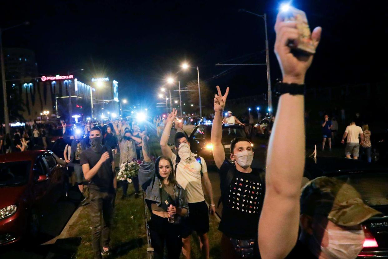 People gather during a mass protest following presidential elections in Minsk, Belarus, Monday, Aug. 10, 2020: AP