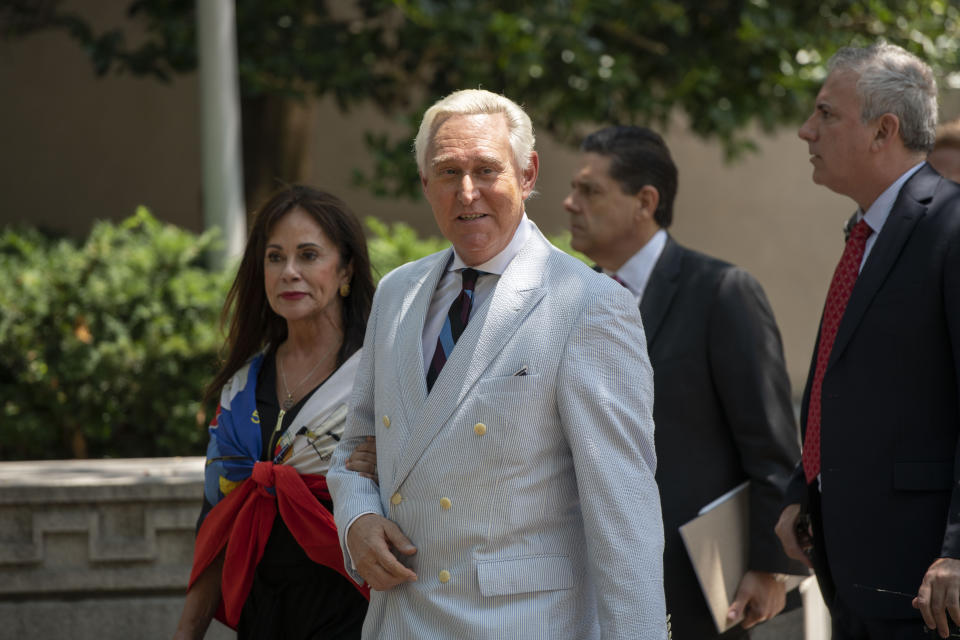 Roger Stone, a longtime confidant of President Donald Trump, accompanied by his wife, Nydia Stone, leaves federal court in Washington, Tuesday, July 16, 2019. (AP Photo/Sait Serkan Gurbuz)