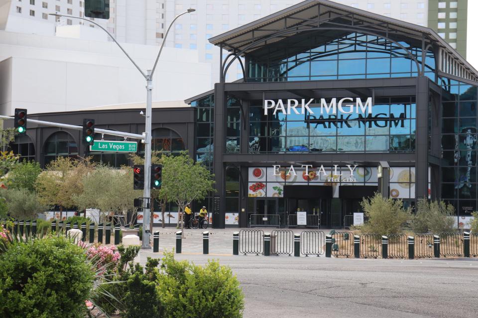 Police officers on bicycles patrol the empty Las Vegas Strip on April 9, 2020.