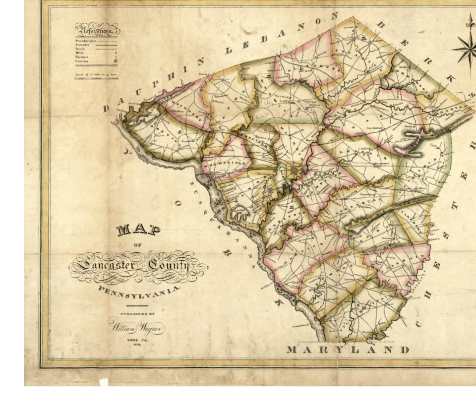 William Wagner, a York County artist and engraver, drew this map of Lancaster County in 1821. That county shares a border with Maryland of about 6 miles, 5.68 by one count.