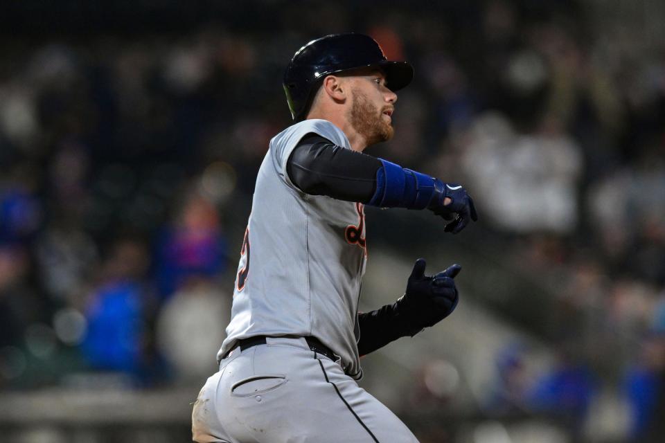 Apr 1, 2024; New York City, New York, USA; Detroit Tigers catcher Carson Kelly (15) reacts after hitting a three run home run against the New York Mets during the tenth inning at Citi Field. Mandatory Credit: John Jones-USA TODAY Sports