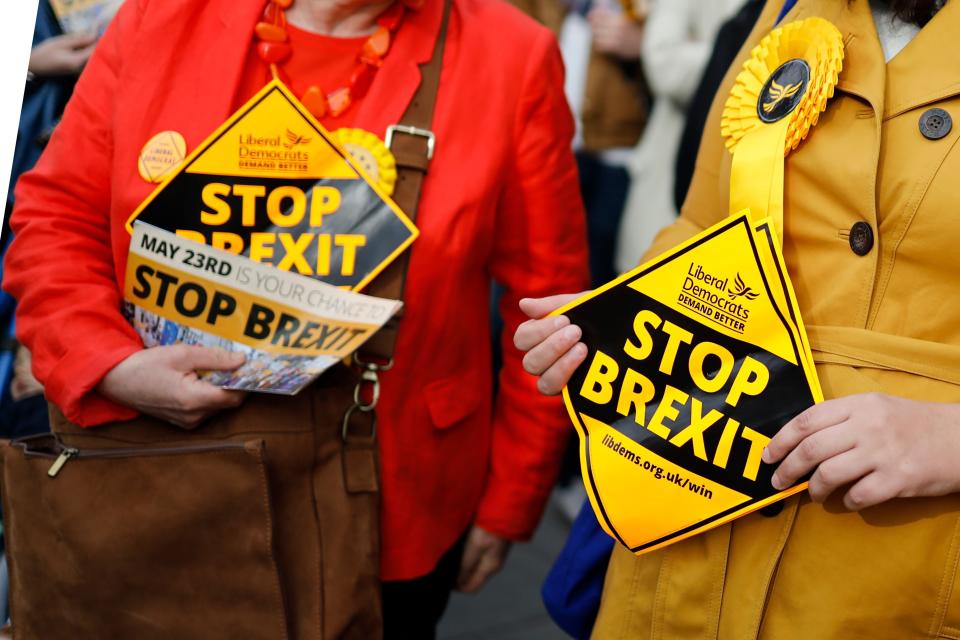 Liberal Democrats party activists hold "Stop Brexit" leaflets as they canvas for support for their party's candidates in the forthcoming European elections, in London on May 22, 2019. (Photo by Tolga Akmen / AFP)        (Photo credit should read TOLGA AKMEN/AFP/Getty Images)