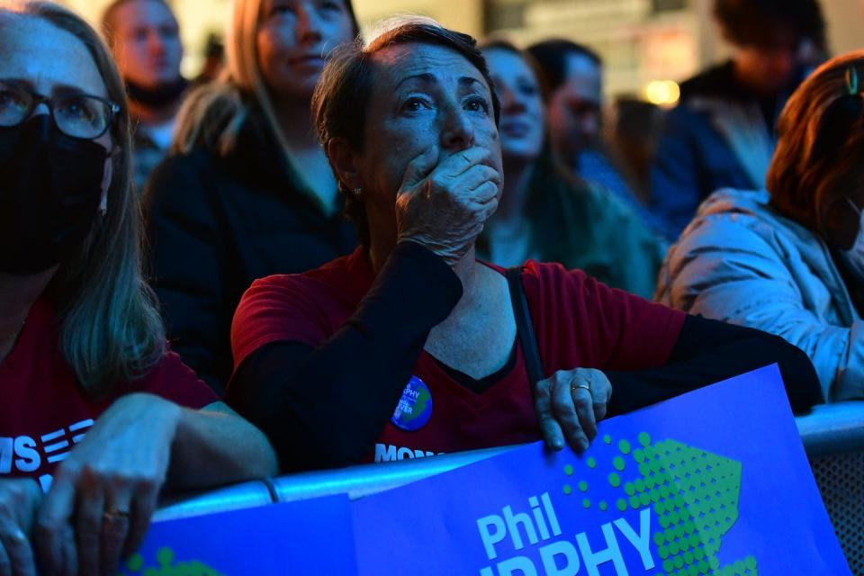 Worried supporters of Democratic incumbent New Jersey Gov. Phil Murphy at an election night event in 2021. Murphy, who one state poll estimated was leading his GOP challenger by 11 percentage points, won by 3.2 points. <a href="https://www.gettyimages.com/detail/news-photo/supporters-react-as-new-jersey-governor-phil-murphy-speaks-news-photo/1236310210?phrase=election%20Phil%20Murphy&adppopup=true" rel="nofollow noopener" target="_blank" data-ylk="slk:Mark Makela/Getty Images;elm:context_link;itc:0;sec:content-canvas" class="link ">Mark Makela/Getty Images</a>