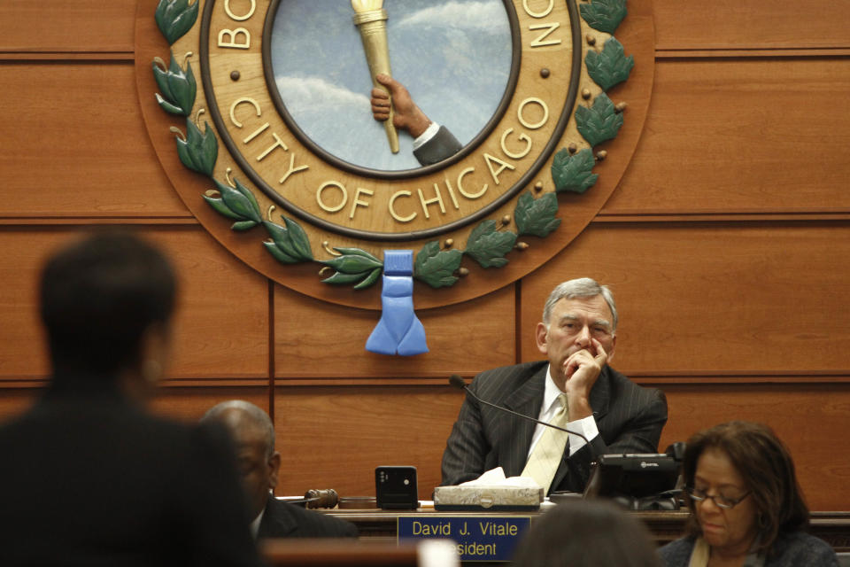 Chicago Board of Education President David Vitale listens to a presentation at a Chicago Board of Education meeting on Wednesday, Aug. 22, 2012 in Chicago. (AP Photo/Sitthixay Ditthavong)