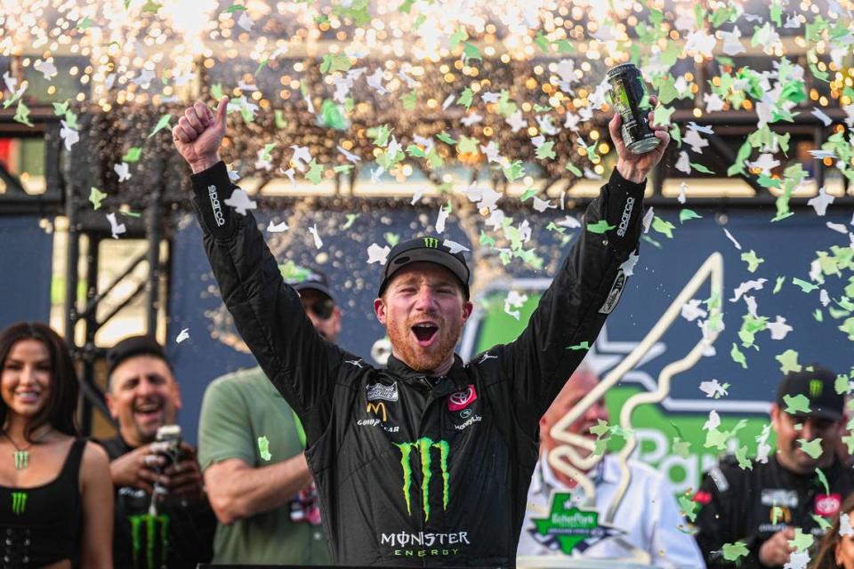 March 26: Tyler Reddick celebrates winning the EchoPark Automotive Grand Prix at the Circuit of the Americas in Austin, Texas. Syndication Austin American Statesman