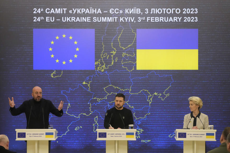 Ukrainian President Volodymyr Zelenskyy, center, European Council President Charles Michel, left, and European Commission President Ursula von der Leyen address a media conference after the EU-Ukraine summit in Kyiv, Ukraine, Friday, Feb. 3, 2023. (AP Photo/Efrem Lukatsky)