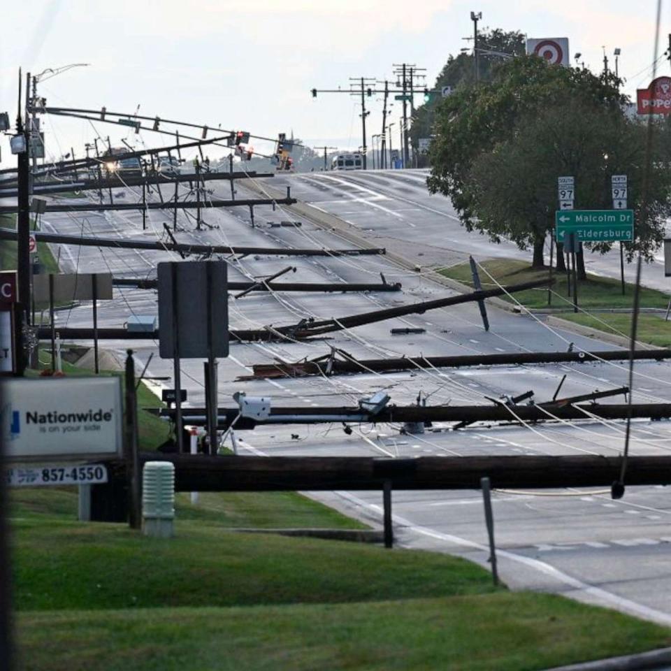 PHOTO: Fallen power lines are seen blocking a road, Aug. 7, 2023, in Westminster, Md. (Baltimore Gas and Electric)