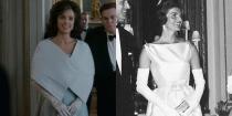 <p>So much of the allure of Jackie Kennedy was wrapped up in her fashion choices, so her costume design for her season 2 appearance was extremely important. The show opted to stray from the sleeveless taffeta column gown the First Lady wore in 1961, but kept with a similar vibe and long white gloves. </p>