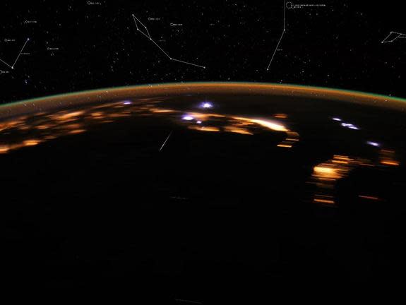 On the night of April 21, the 2012 Lyrid meteor shower peaked in the skies over Earth. While NASA allsky cameras were looking up at the night skies, astronaut Don Pettit aboard the International Space Station trained his video camera on Earth b