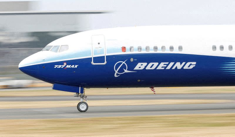 A Boeing 737 Max aircraft during a display at the Farnborough International Airshow, in Farnborough