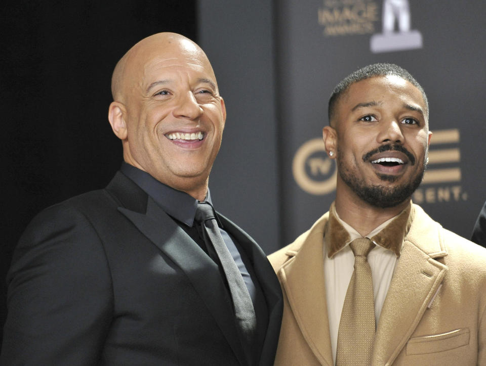 Vin Diesel, left, and Michael B. Jordan pose in the press room at the 50th annual NAACP Image Awards on Saturday, March 30, 2019, at the Dolby Theatre in Los Angeles. (Photo by Richard Shotwell/Invision/AP)