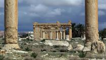 The Temple of Baal Shamin seen through two Corinthian columns in the ancient oasis city of Palmyra, 215 kilometres northeast of Damascus