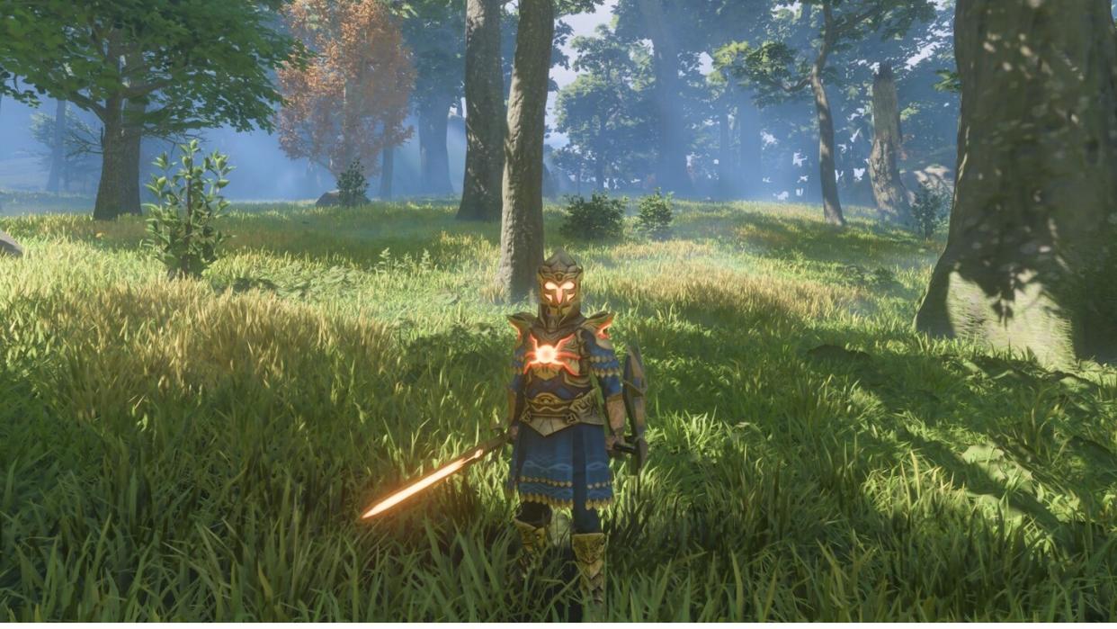  A player standing in the forest of Enshrouded. 