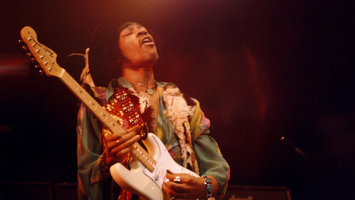  Jimi Hendrix playing guitar in 1969 – though not at Woodstock festival in this image 