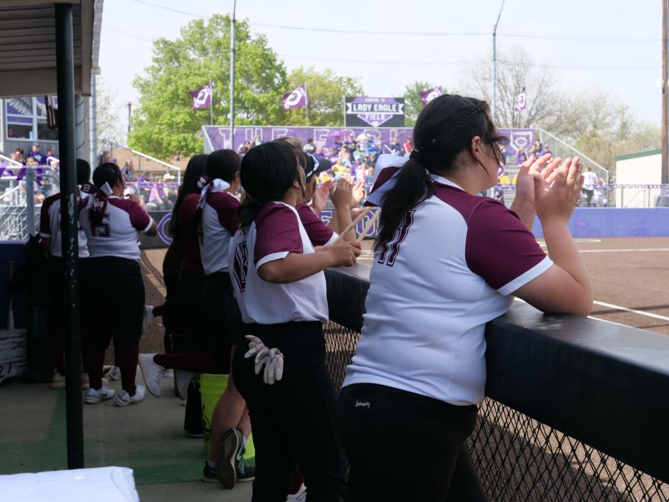 There Hereford dugout cheers on their team against Canyon during a game on Friday, April 21, 2023 at Canyon High School.