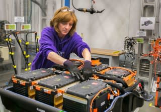 Battery pack assembly for 2015 Chevrolet Spark EV electric car at GM's Brownstown, Michigan, plant