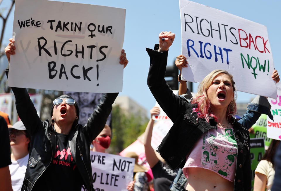 Protestors demonstrate at the March for Reproductive Rights organized by Womenâ€™s March L.A. on April 15, 2023 in Los Angeles, California. (Mario Tama/Getty Images)