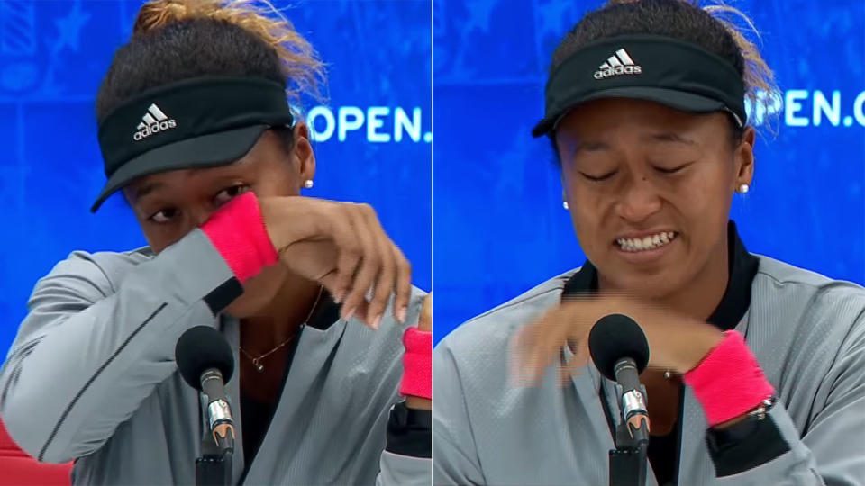 Naomi Osaka breaks down in the press conference. Pic: Getty