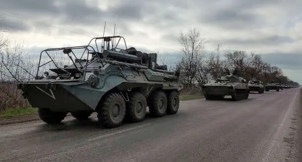 PHOTO: A Russian military convoy moves on a highway in an area controlled by Russian-backed separatist forces near Mariupol, Ukraine, April 16, 2022.  (Alexei Alexandrov/AP, FILE)