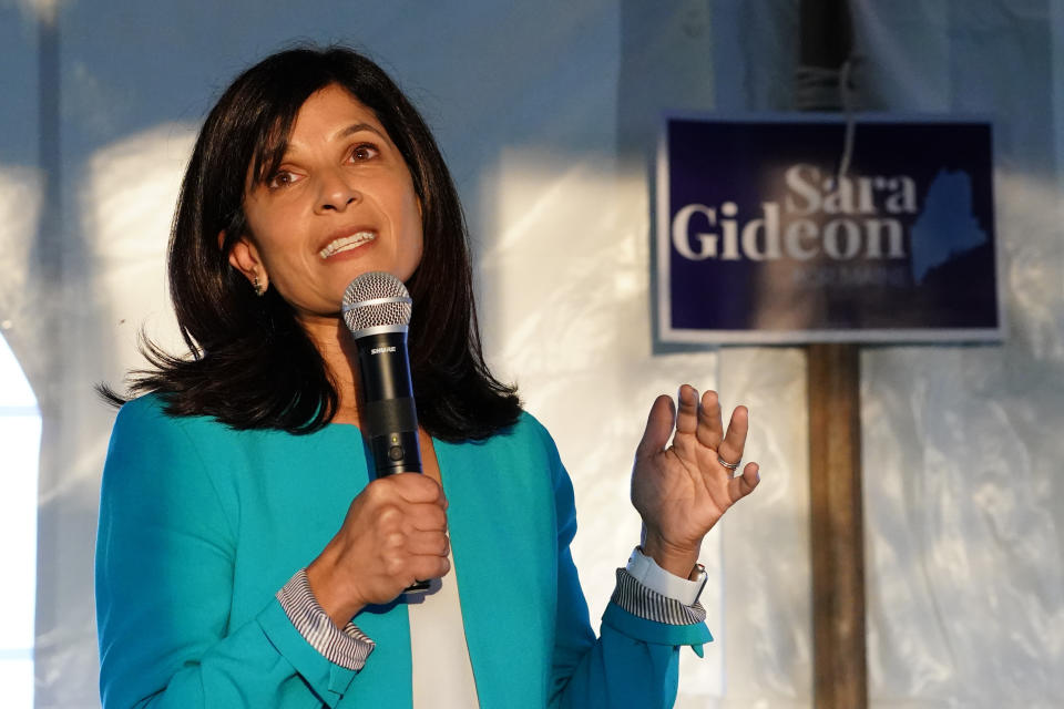 Sara Gideon, a Democratic candidate for U.S. Senate, speaks at a "Supper with Sara" campaign event, Thursday, Oct. 1, 2020, in Dayton, Maine. (AP Photo/Robert F. Bukaty)