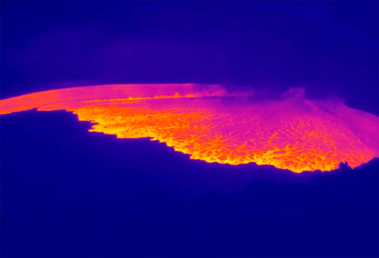 Thermal imagery shows the eruption of Mauna Loa in Hawaii, the world's largest active volcano, on Nov. 28, 2022.   (USGS via AP)