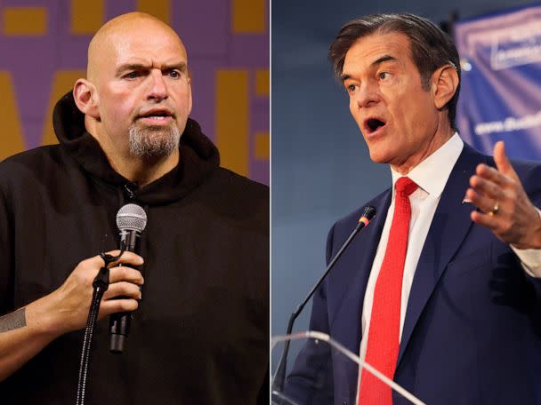 PHOTO: Senate candidate John Fetterman addresses supporters during a rally on Aug. 12, 2022, in Erie, Penn. | Senate candidate Dr. Mehmet Oz speaks during a Republican leadership forum at Newtown Athletic Club on May 11, 2022, in Newtown, Penn. (Dustin Franz/AFP via Getty Images | Michael M. Santiago/Getty Images)