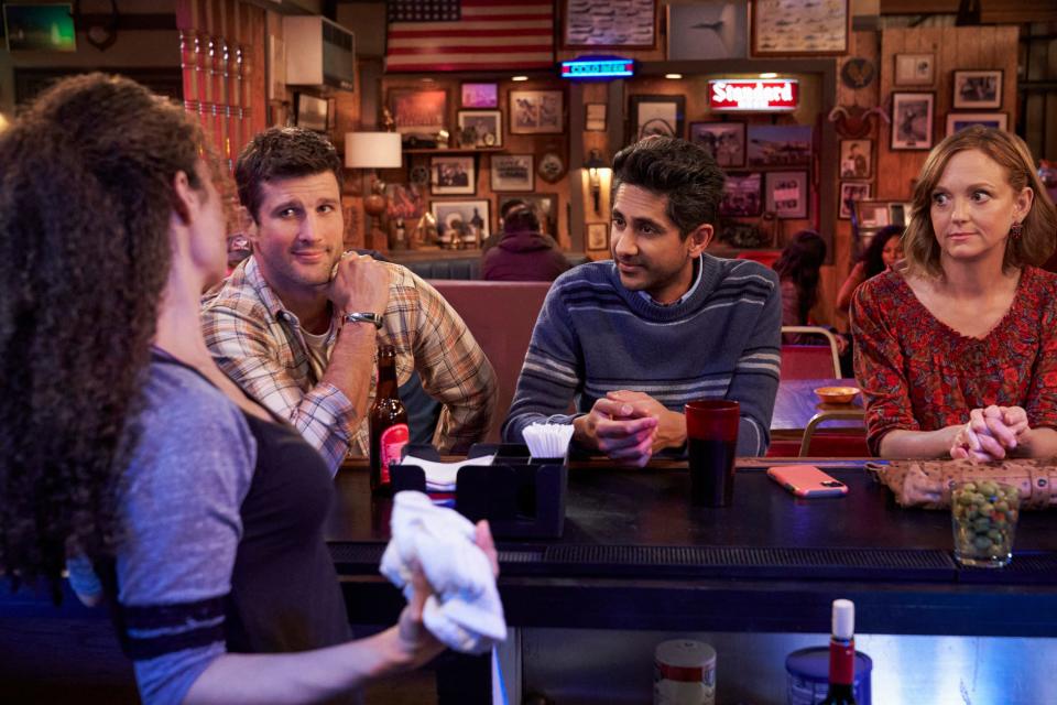 Parker Young, Adhir Kalyan and Jayma Mays in the CBS comedy "United States of Al."