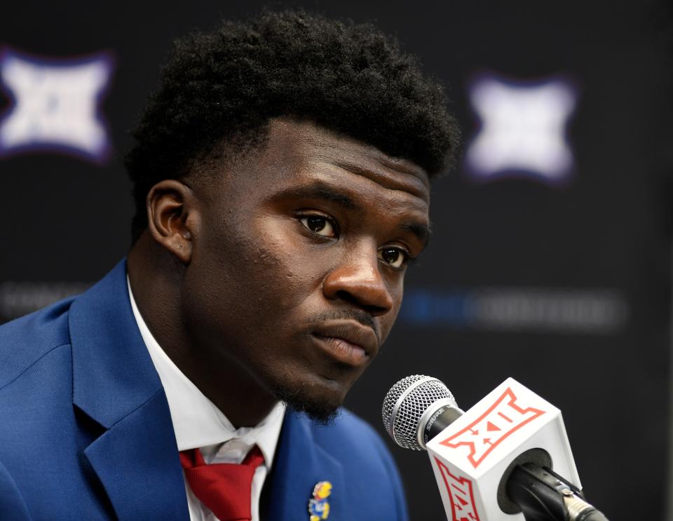 Kansas' Kenny Logan, Jr speaks during the first day of the Big 12 football media days, Wednesday, July 13, 2022, at AT&T Stadium in Arlington.