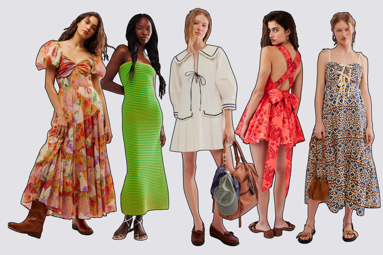 free people models wearing floral maxi dress, green and yellow striped strapless dress, white sailor dress, red backless mini dress, patterned midi dress, Best spring and summer dresses from Free People (photos via Free People).