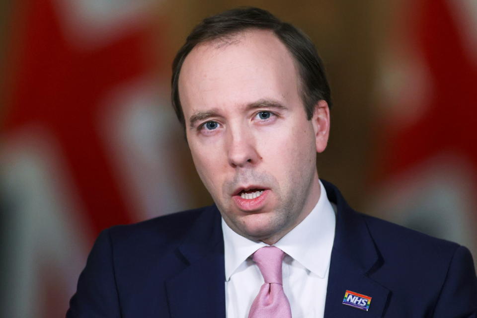 Britain's Health Secretary Matt Hancock gives an update on the coronavirus covid-19 pandemic during a virtual press conference inside 10 Downing Street in central London on March 5, 2021. (Photo by HANNAH MCKAY / POOL / AFP) (Photo by HANNAH MCKAY/POOL/AFP via Getty Images)