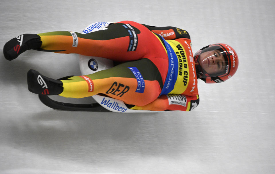 Natalie Geisenberger of Germany speeds down the track during a women's race at the Luge World Cup event in Sigulda, Latvia, Saturday, Jan. 12, 2019. (AP Photo/Roman Koksarov)