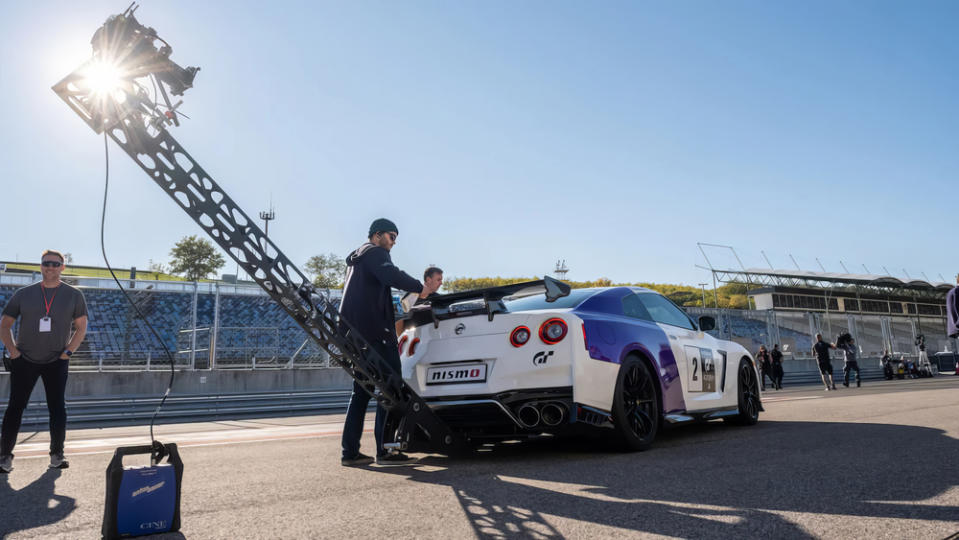 Preparing to film a race sequence with Cox’s Nissan GT-R.