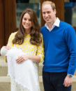 <p>The Duke and Duchess of Cambridge smile as they show off the little royal to the world.</p>