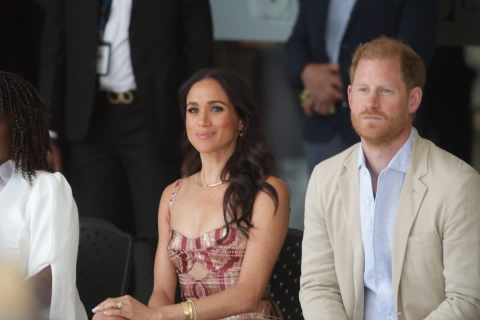 BOGOTA, COLOMBIA - AUGUST 15: Britain's Prince Harry, Duke of Sussex, and Britain's Meghan, Duchess of Sussex, visit Delia Zapata Art Center in Bogota, Colombia on August 15, 2024. (Photo by Juancho Torres/Anadolu via Getty Images)