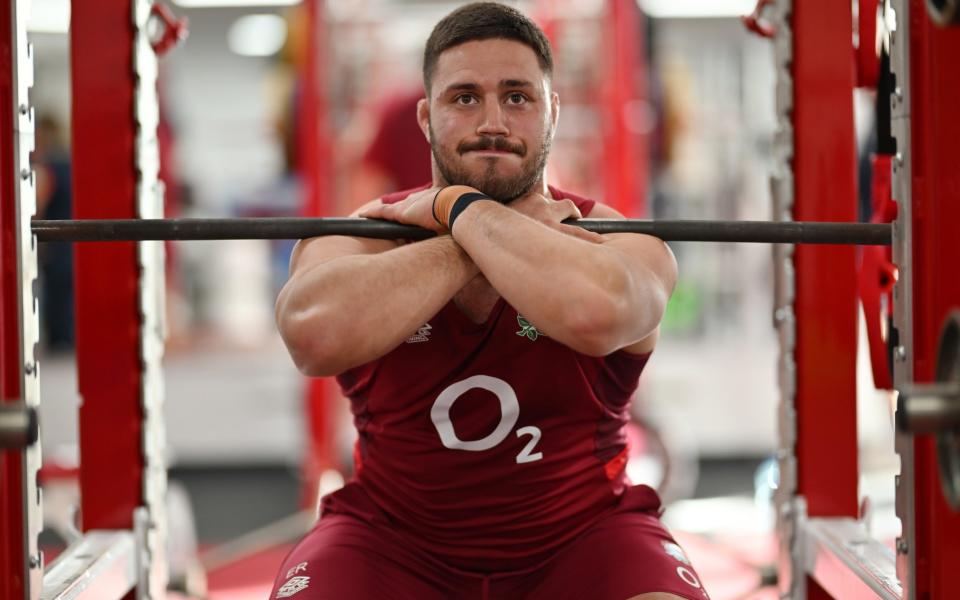 Ethan Roots of England trains during a gym session at Pennyhill Park on March 4, 2024 in Bagshot, England.