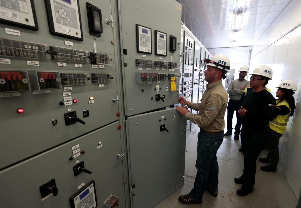 Containers with electrical equipment at the Temple substation in Detroit on July 25, 2023, have replaced most of the old Charlotte substation which has working equipment inside the building that was built in 1925.