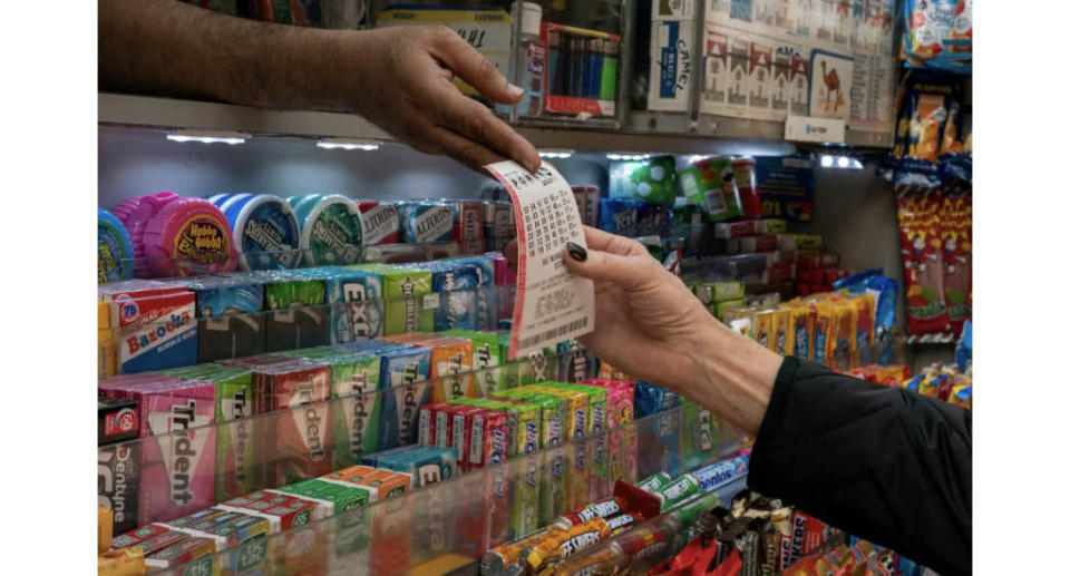 A lotto ticket at a newsagency. 