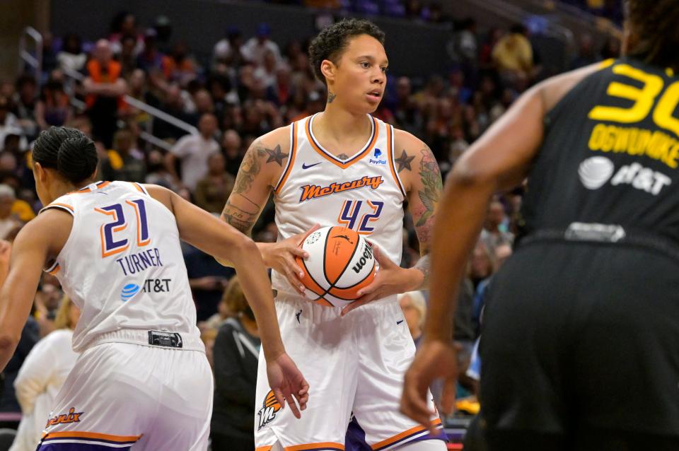 Phoenix Mercury center Brittney Griner (42) holds on to a rebound in the first half against the Los Angeles Sparks at Crypto.com Arena.