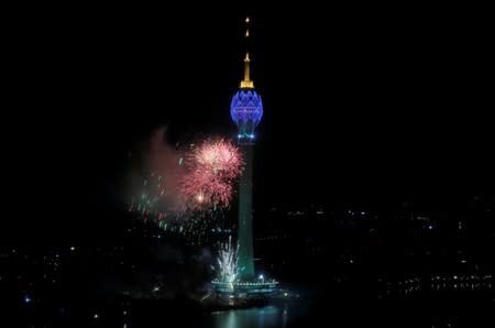 The Lotus Tower, the tallest tower in South Asia in shape of a 356-meter lotus and built with Chinese funding, is seen during its launching ceremony in Colombo