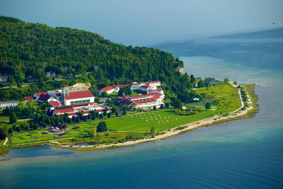 Aerial view of Mission Point resort on Mackinac Island