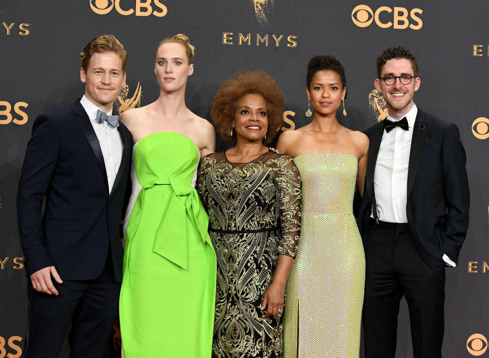 Actors Gavin Stenhouse, Mackenzie Davis, Denise Burse, Gugu Mbatha-Raw and Billy Griffin Jr. of the "Black Mirror" episode "San Junipero," winner of the award for Outstanding Television Movie. (Photo: Steve Granitz via Getty Images)