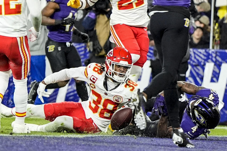 Baltimore Ravens wide receiver Zay Flowers (4) fumbles into the end zone for a touchback against the Kansas City Chiefs during the second half of an AFC Championship NFL football game, Sunday, Jan. 28, 2024, in Baltimore. (AP Photo/Julio Cortez)