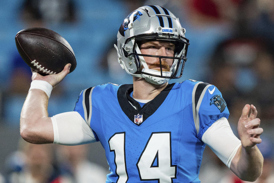 FILE - Carolina Panthers quarterback Andy Dalton (14) passes the ball against the Detroit Lions during a preseason NFL football game Friday, Aug. 25, 2023, in Charlotte, N.C. anthers rookie quarterback Bryce Young did not participate in Wednesday’s, Sept. 20 walkthrough practice due to an ankle injury, opening the door for the possibility of veteran Andy Dalton starting on Sunday against the Seattle Seahawks. (AP Photo/Jacob Kupferman, File)