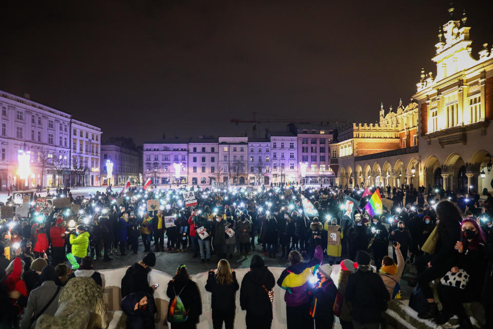 People demonstrate on the Main Square in Krakow, Poland, against new restrictions on abortion in Poland. / Credit: Beata Zawrzel/NurPhoto/Getty